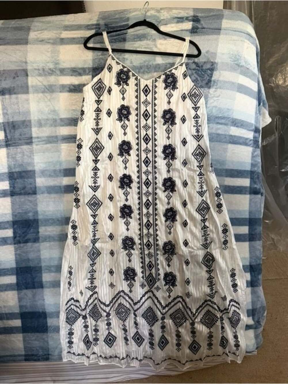 Savanna Jane White Dress with Navy Blue Embroidered Pattern